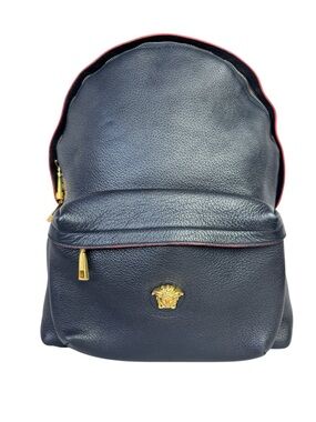 VERSACE Leather Navy Backpack with Gold Medusa Emblem